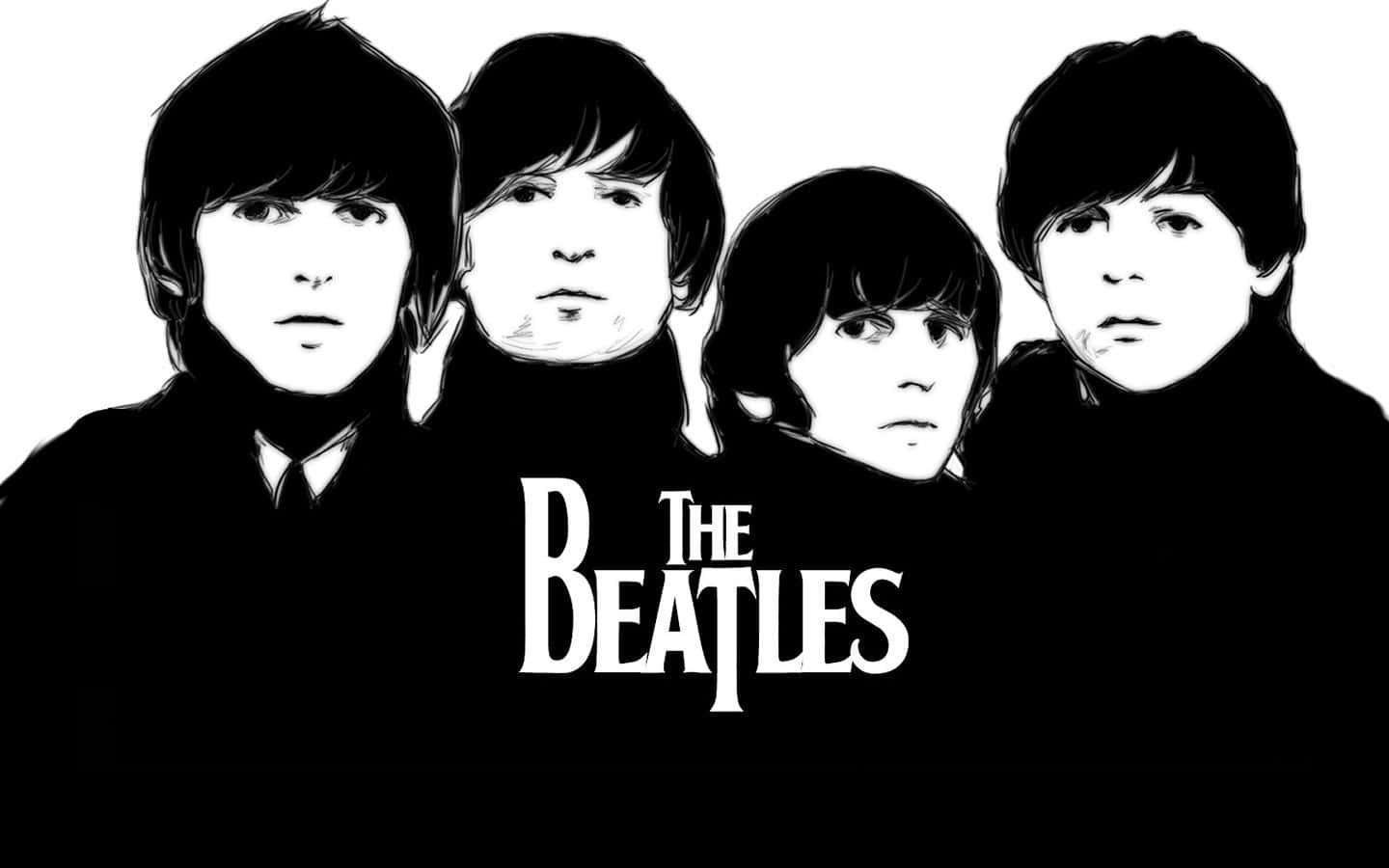 the beatles 桌布 壁紙 — 披頭四樂隊成員的風格化黑白插圖，下方有粗體文字。