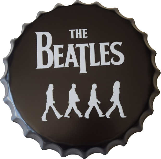 披頭四瓶蓋設計 壁紙 — 黑色瓶蓋複製品，印有披頭四 Abbey Road 專輯封面，帶有白色剪影和文字。