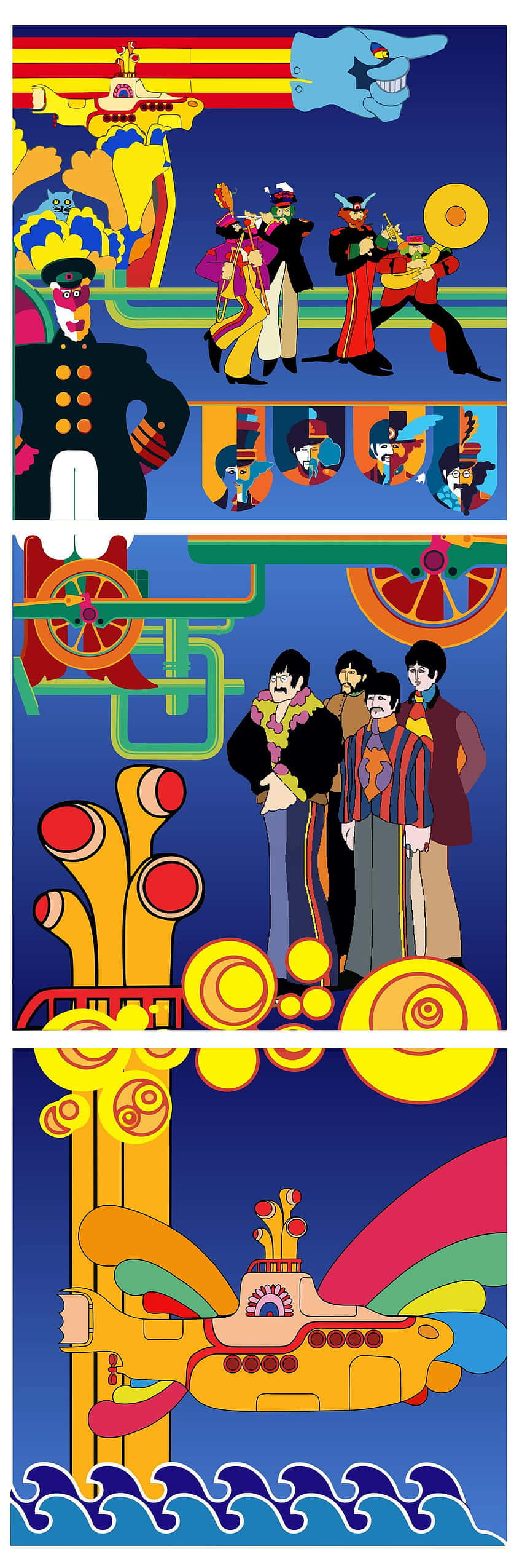 Yellow Submarine 桌布 壁紙 — 披頭四的鮮豔迷幻插圖，色彩繽紛的超現實場景中有古怪角色和漂浮物體。
