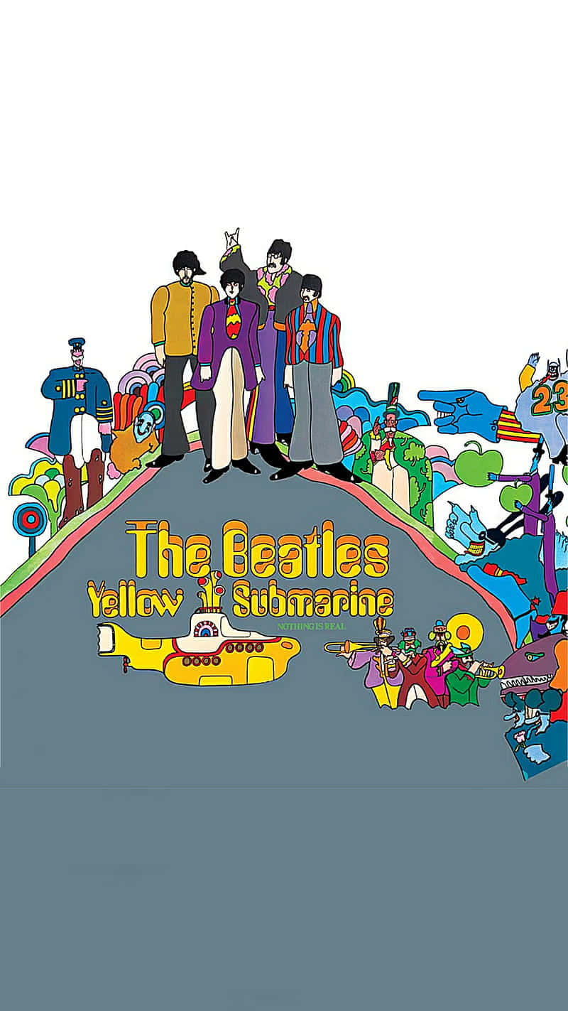 Yellow Submarine 桌布 壁紙 — 披頭四站在色彩繽紛的山丘上，他們的黃色潛水艇在下方，周圍是異想天開的卡通角色，構成迷幻風格的插圖。
