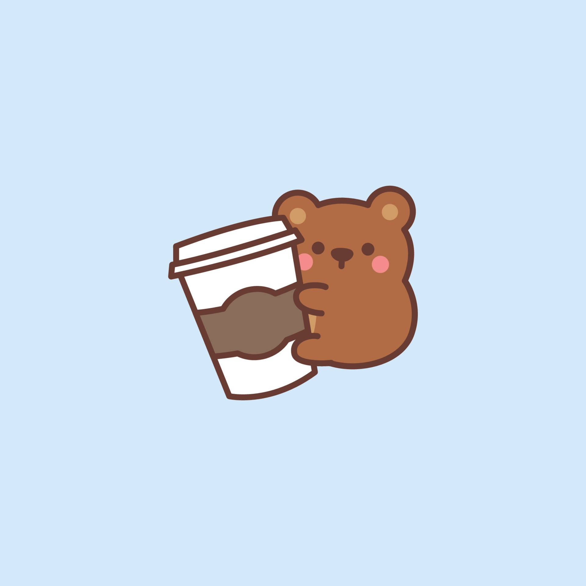 一隻卡通熊在淺藍色背景上拿著咖啡杯。