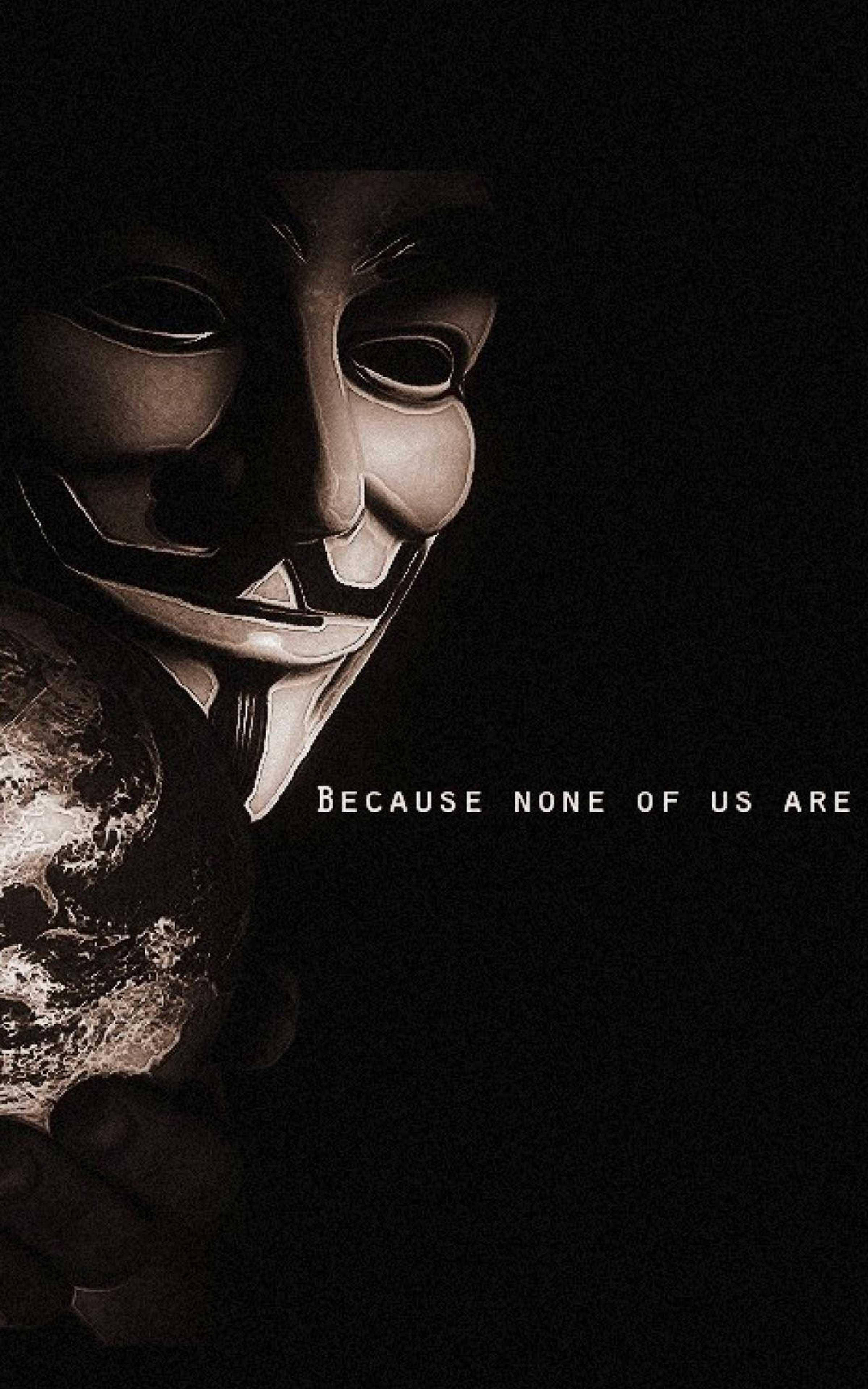 抵抗無用 壁紙 — 一個戴著蓋伊·福克斯面具的人，在黑色背景上拿著一個發光的地球，並帶有文字。