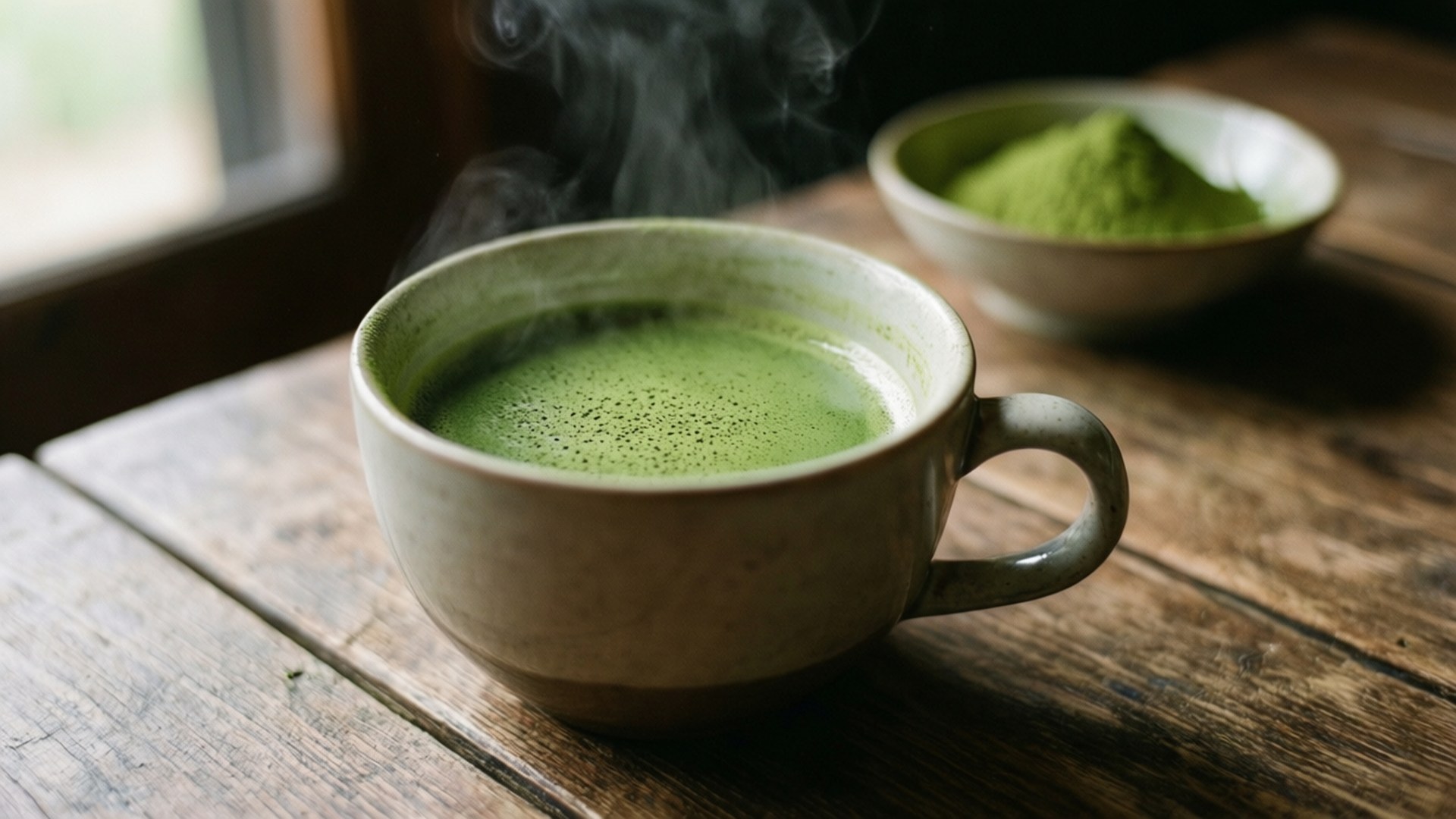 抹茶杯 壁紙 — 一杯冒著熱氣的鮮綠色抹茶放在窗邊的鄉村風格木桌上，旁邊有一碗粉末。