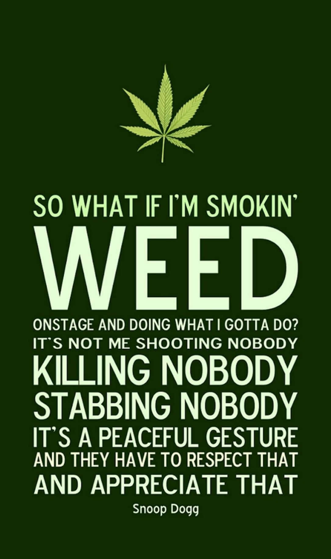 Snoop Dogg關於在舞台上和平地吸食大麻的語錄，以粗體白色文字顯示在深綠色背景上，並帶有大麻葉。