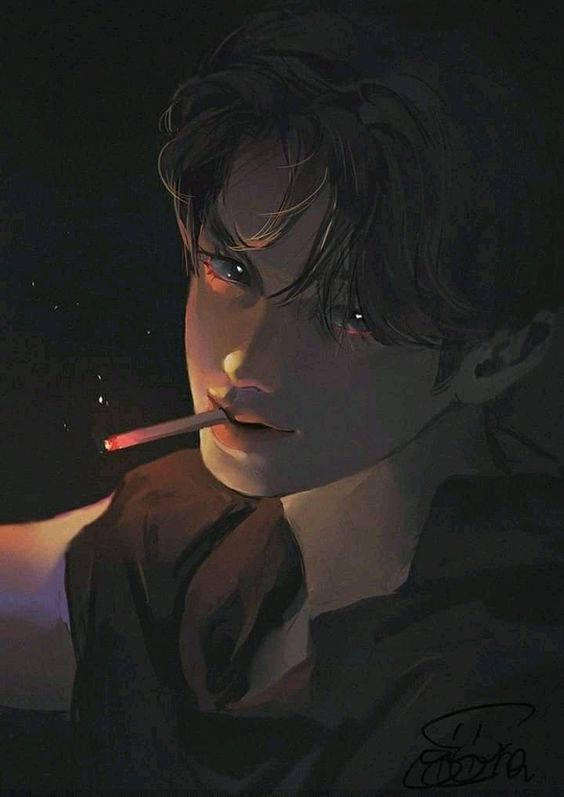 年輕男子在黑暗環境中吸煙，眼睛發光