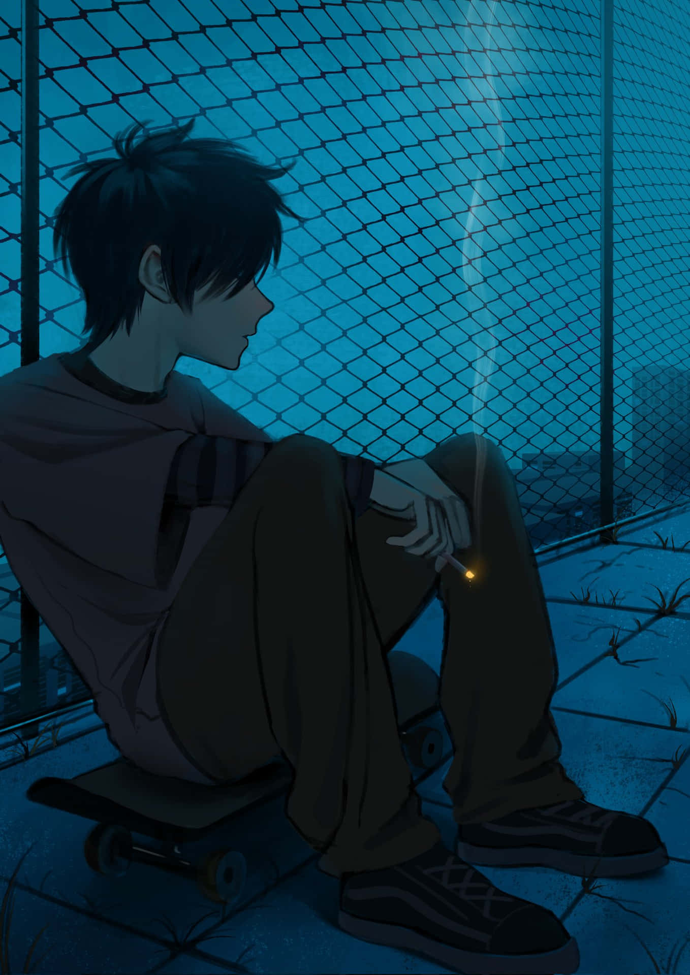 動漫男孩坐在滑板上靠著圍欄拿著香煙夜晚