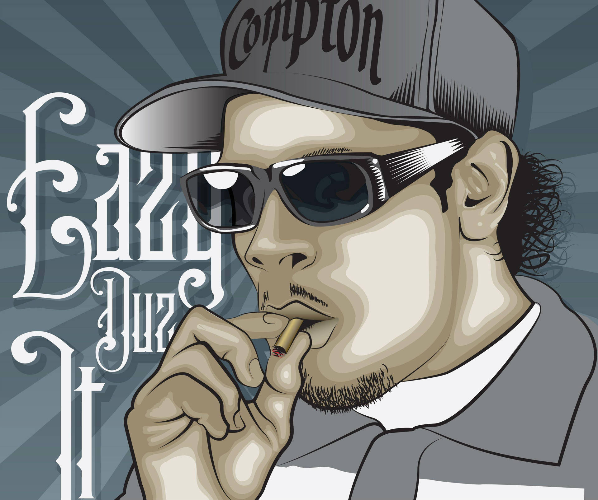戴著Compton帽和太陽眼鏡的男子在華麗文字背景上抽煙。