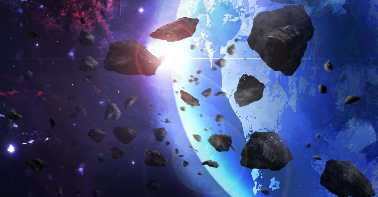 抽象 720p HD 背景 壁紙 — 一個充滿活力的宇宙場景，發光的藍色行星和漂浮的小行星，背景是繁星點點的紫色星雲。