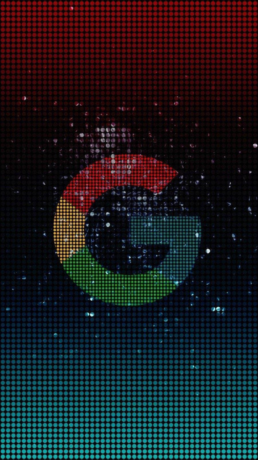 由發光像素組成的 Google 標誌，置於漸變背景上，帶有閃爍效果。