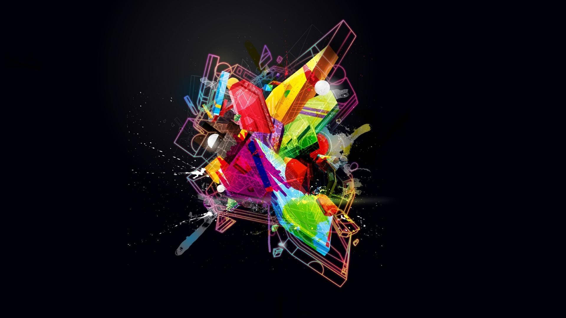 抽象3D幾何圖形 壁紙 — 充滿活力的抽象幾何形狀在黑暗背景上以霓虹色彩爆炸，帶有發光輪廓。