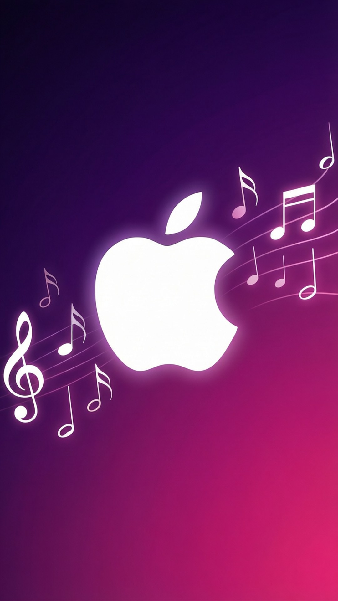 抽象iTunes漸層 壁紙 — 發光的白色Apple標誌在充滿活力的紫色到粉紅色漸變背景上發出音符和高音譜號。