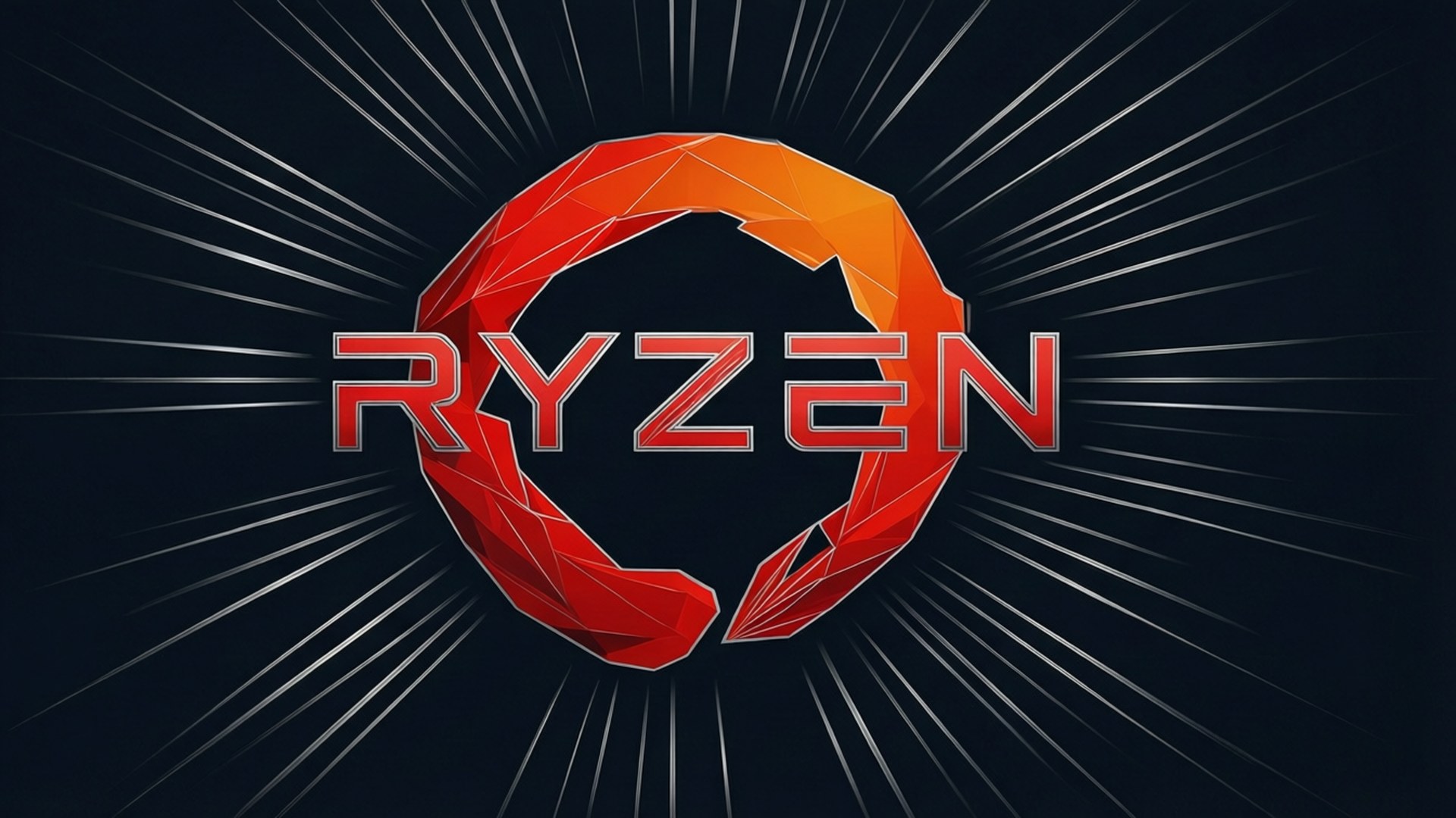 抽象Ryzen 壁紙 — 一個大膽的紅色幾何Ryzen標誌在深色背景上散發出帶有銳利白色光線的光芒。