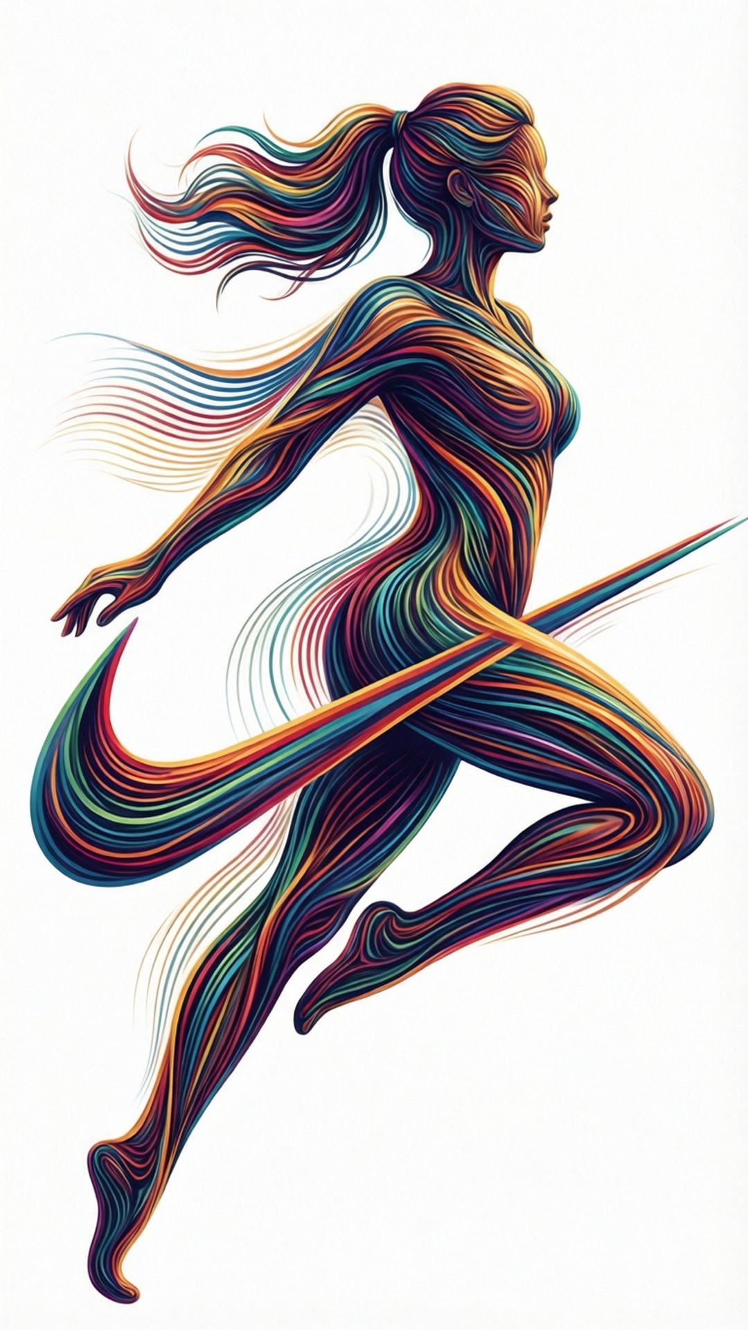 抽象Swoosh人形 壁紙 — 一個動感十足的女性形象，正在跳躍中，流動的彩虹色條紋構成她的身體和頭髮，背景是純白色。