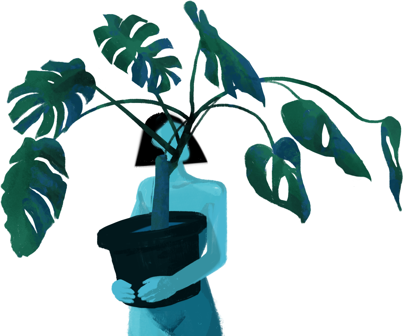 抽象人形手持龐貝植物 壁紙 — 一個風格化的人物在黑色背景上，帶著發光的青綠色和綠色色調，手持一盆龜背竹植物。