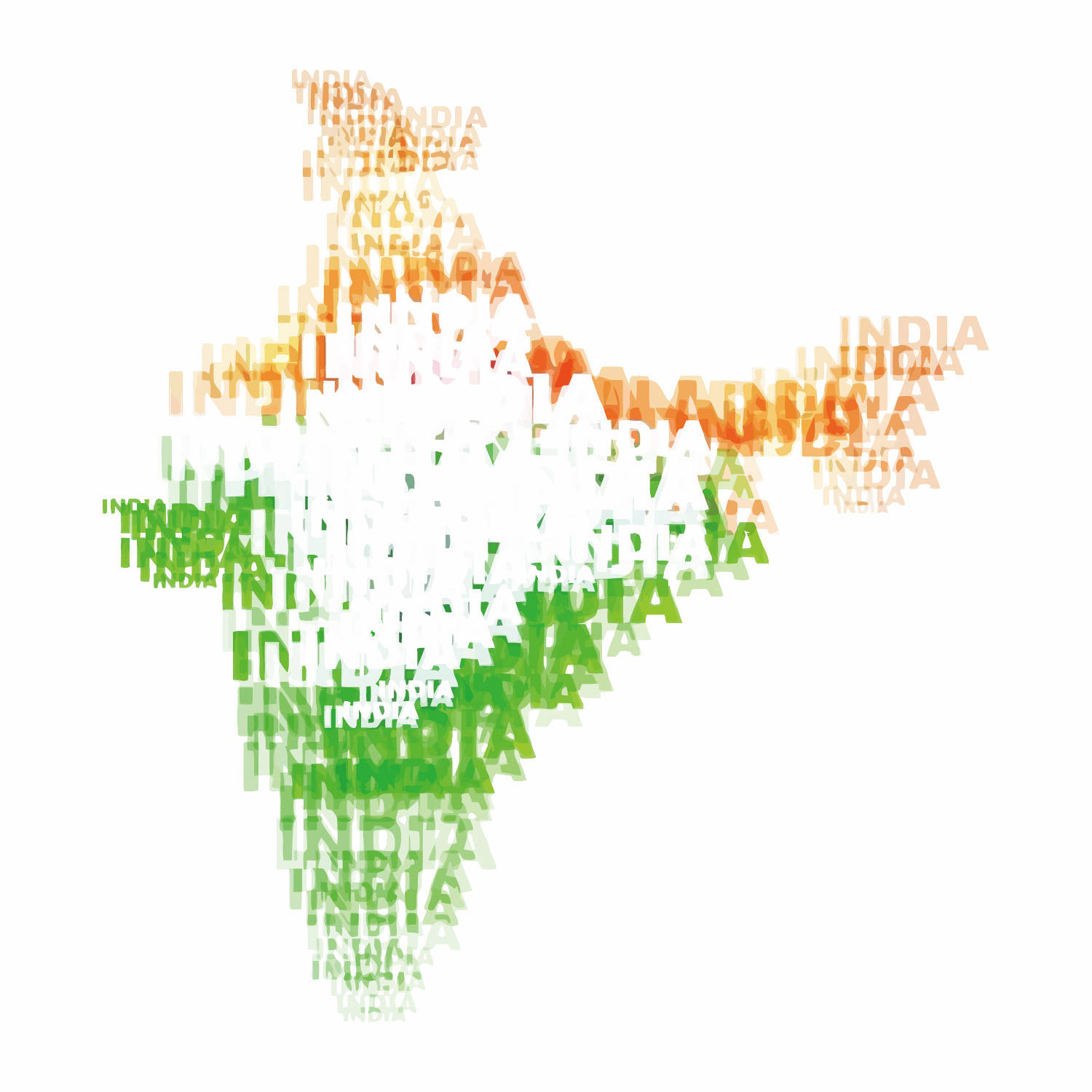 抽象印度地圖字體設計 壁紙 — 以白色背景上重複的「INDIA」字樣形成的印度地圖輪廓，顏色為藏紅花、白色和綠色。