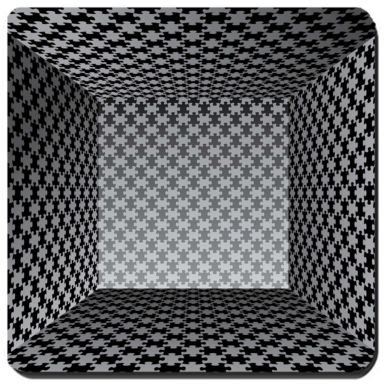 黑白拼圖塊圖案形成一個3D房間錯覺，沒有可見物體。