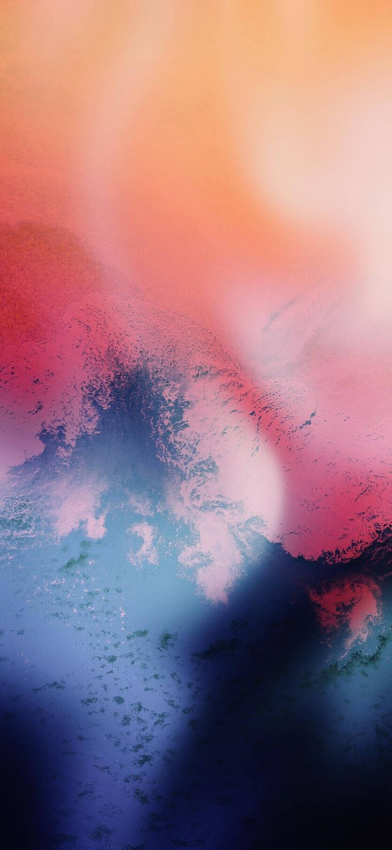 抽象塗鴉 iOS 16 壁紙 — 珊瑚粉紅和深藍色的鮮豔抽象漩渦融合成夢幻的漸變天空。