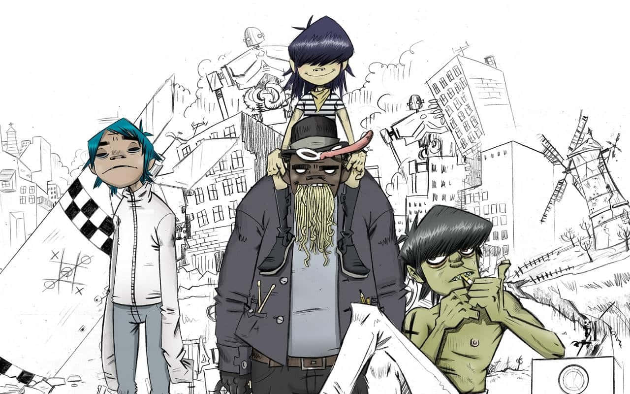 Gorillaz 樂隊成員在一個手繪的城市景觀中，有風車和傾斜的建築物。