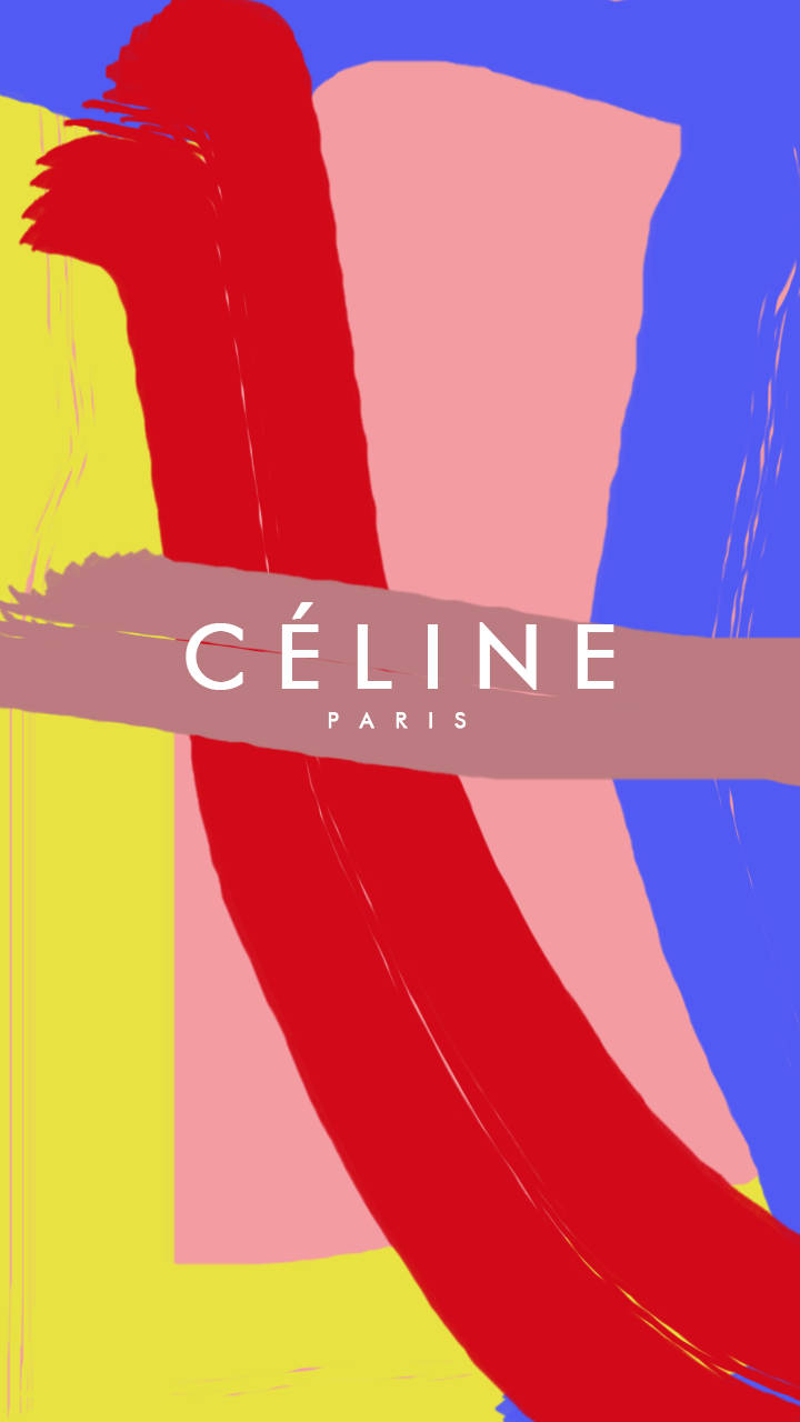 紅色、粉紅色、藍色和黃色的大膽抽象筆觸，帶有Celine Paris文字。