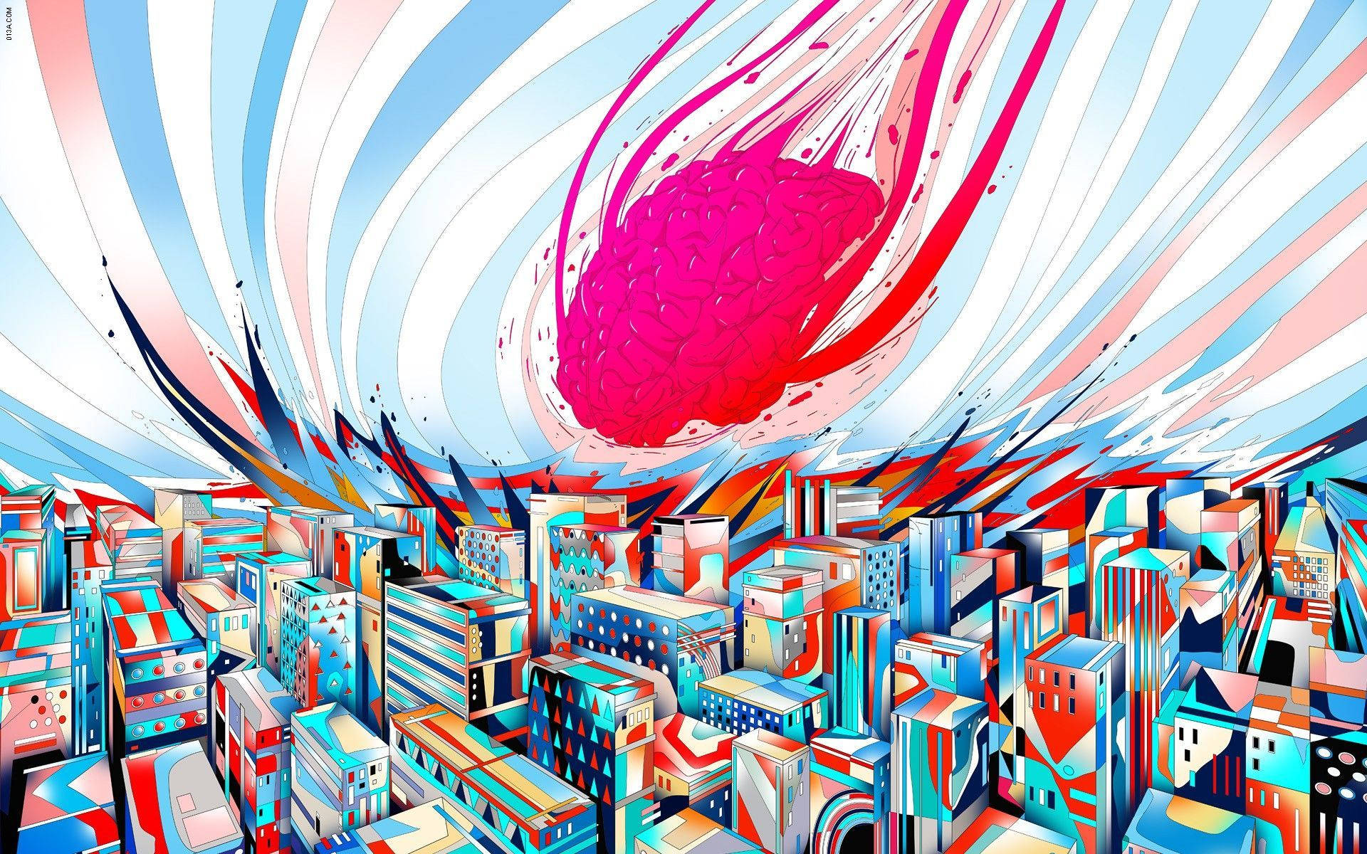 抽象大腦皮質從天而降 壁紙 — 一個充滿活力的數碼藝術城市景觀，幾何建築物在一個由巨大粉紅色紋理球體主導的漩渦天空下。