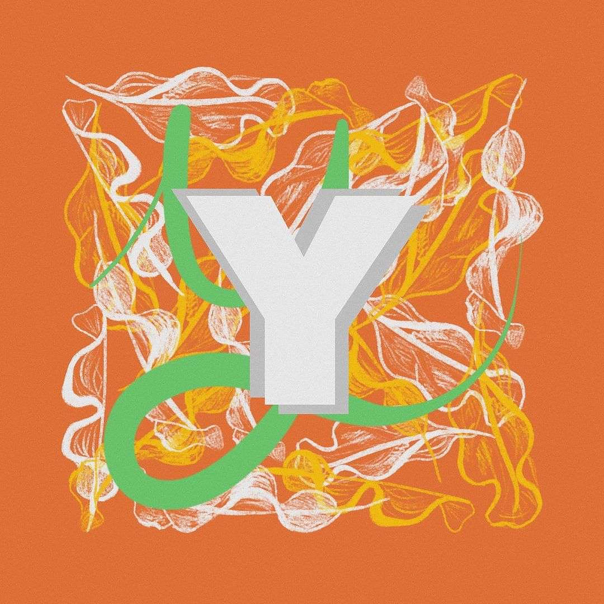 抽象字母Y 壁紙 — 一個大膽的白色字母Y，帶有綠色漩渦和黃白色抽象線條，位於紋理橙色背景上。