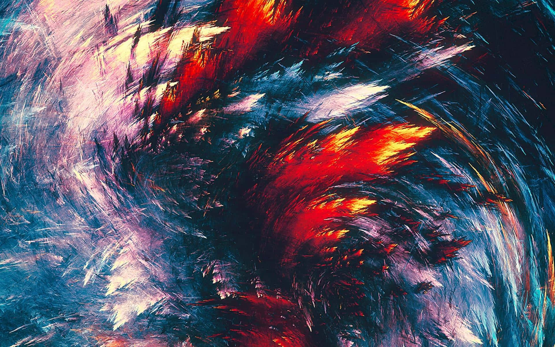 動態抽象藝術作品，帶有旋轉的紅橙和藍紫色筆觸。