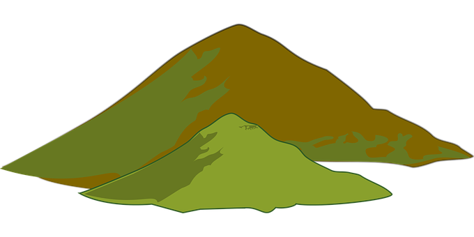 抽象山脈群插圖 壁紙 — 兩個風格化的綠色和棕色山峰，帶有平面陰影和深色輪廓，背景為黑色。