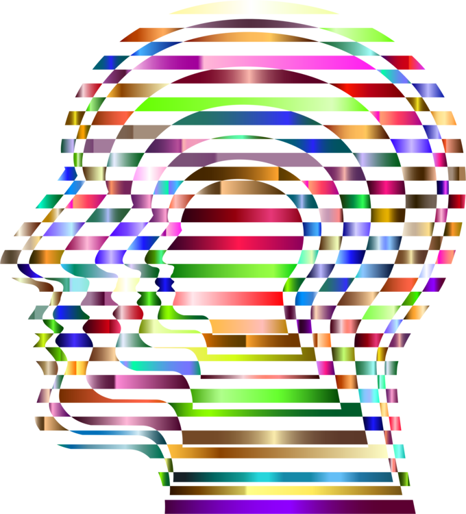 抽象彩色人頭雕塑 壁紙 — 一個充滿活力的抽象人頭側面，由旋轉的多色金屬條紋在黑色背景上形成。