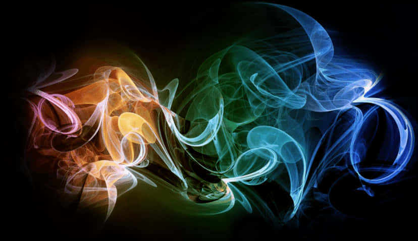 抽象彩色煙霧背景 壁紙 — 充滿活力的旋轉煙霧，呈現溫暖的橙色和冷藍色調，在黑色背景上動態流動。