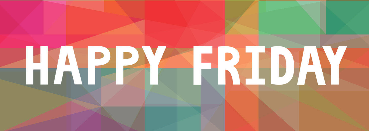 抽象快樂星期五 壁紙 — 大膽的白色「HAPPY FRIDAY」文字覆蓋在色彩繽紛的三角形幾何圖案上。