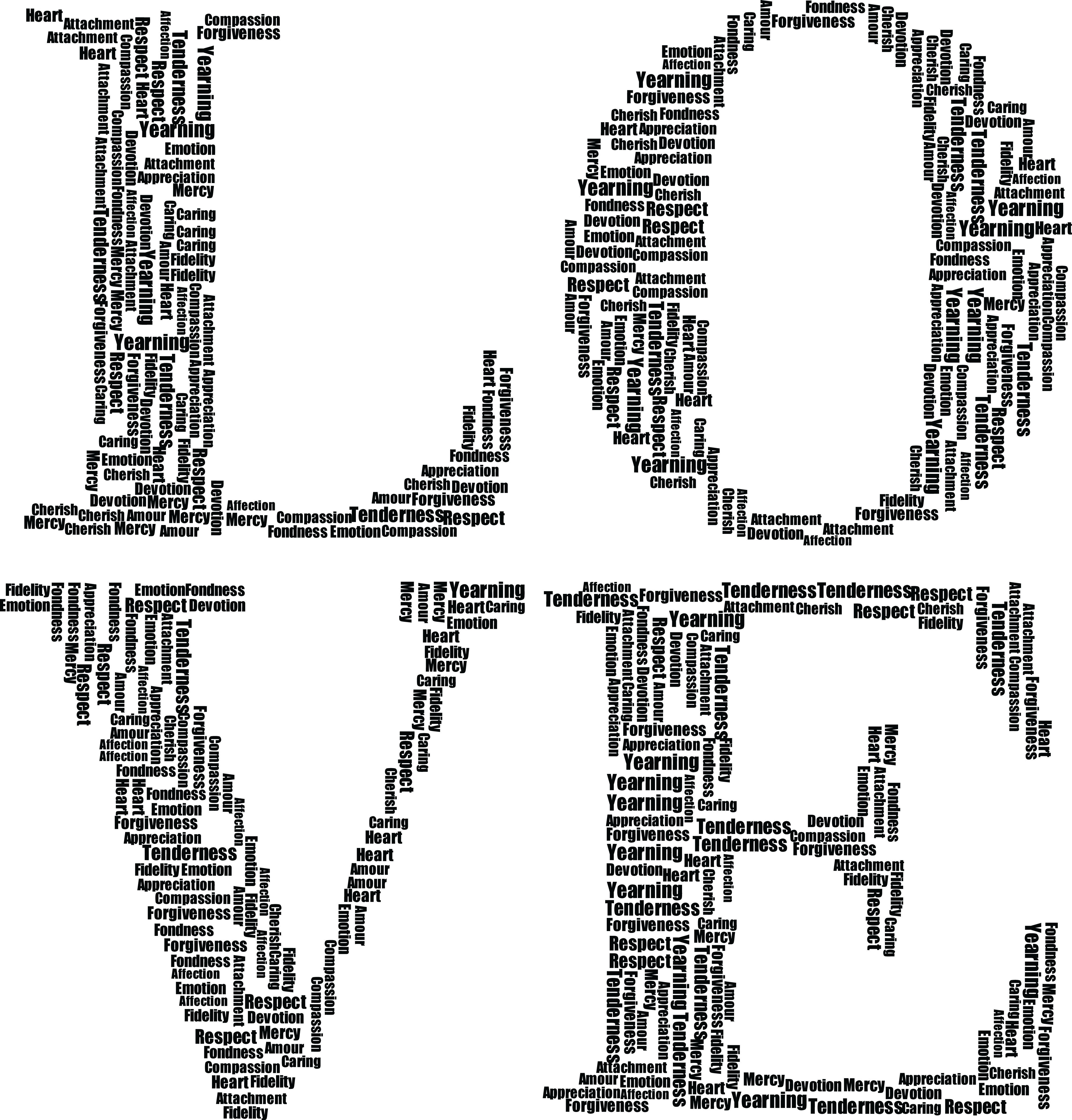 抽象愛字黑白藝術字 壁紙 — 「LOVE」一詞由深灰色重疊的文字在黑色背景上形成。