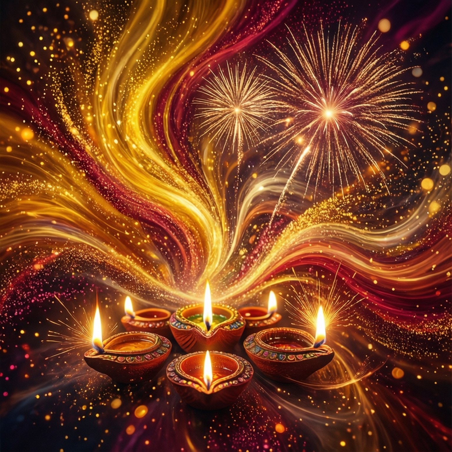 五盞點燃的迪亞燈帶有彩色圖案，在煙火和閃爍粒子的宇宙背景下發光。