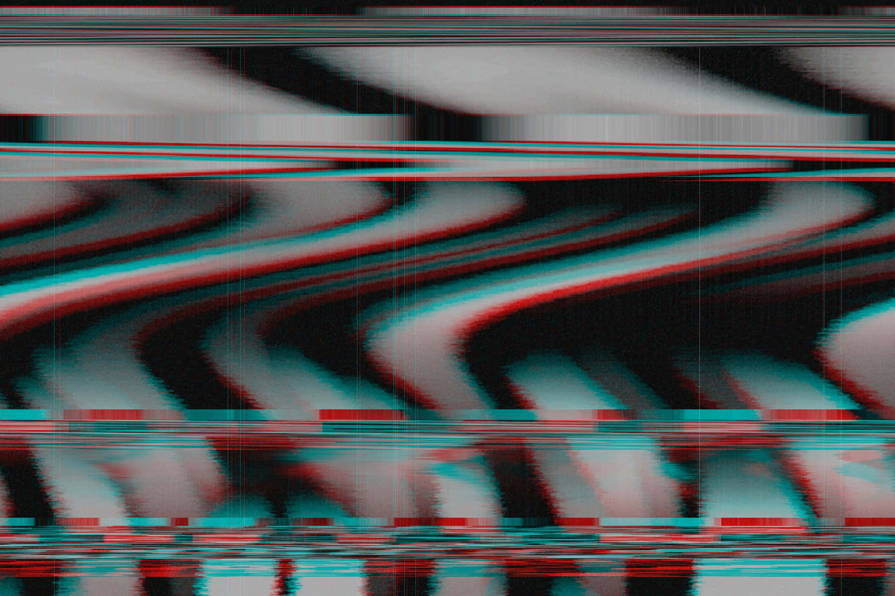 Glitch Effect 桌布 壁紙 — 抽象數位故障藝術，帶有波浪狀的紅色、青色和黑色條紋，模擬損壞的視頻信號。