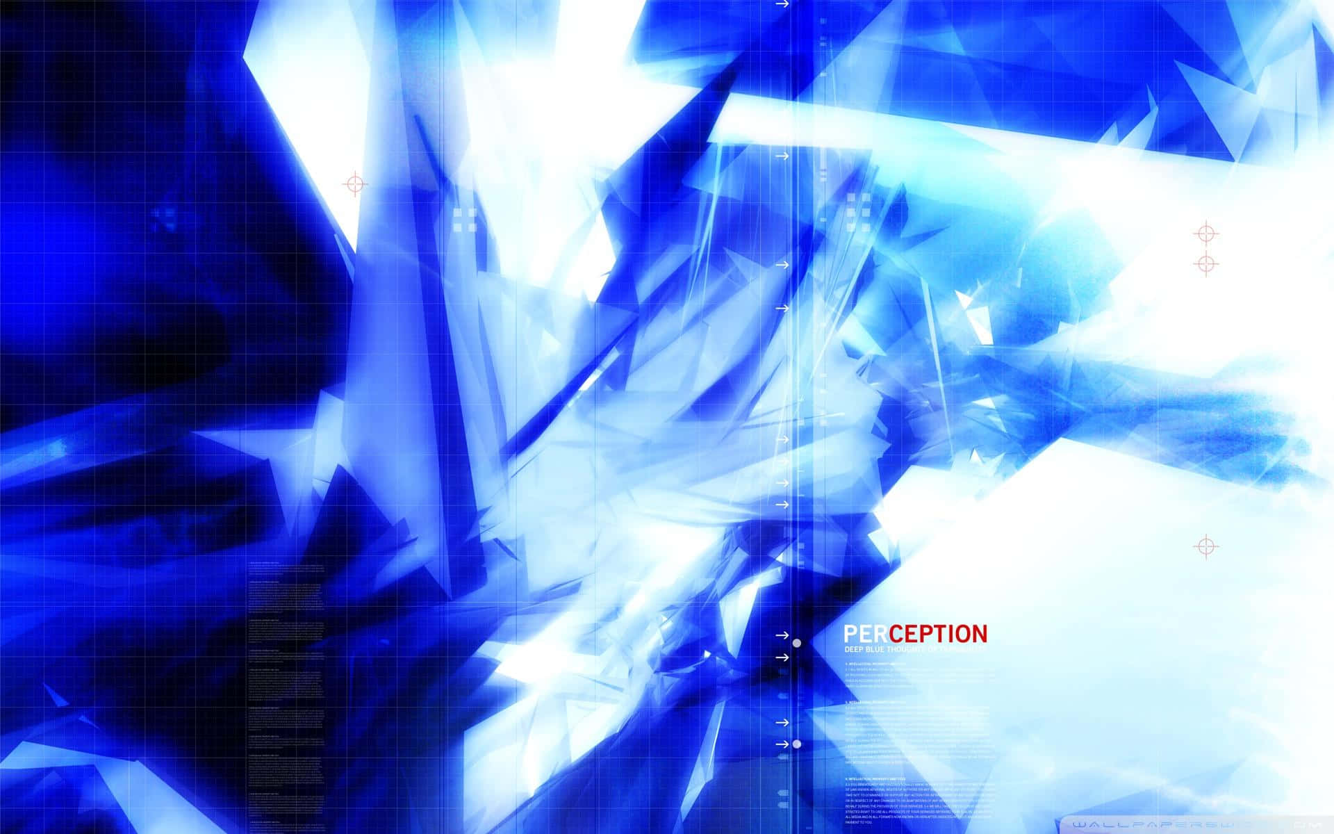 Perception 桌布 壁紙 — 抽象數位藝術作品，以尖銳的藍色幾何碎片和發光光線為特色，背景為網格，並帶有「感知」一詞。