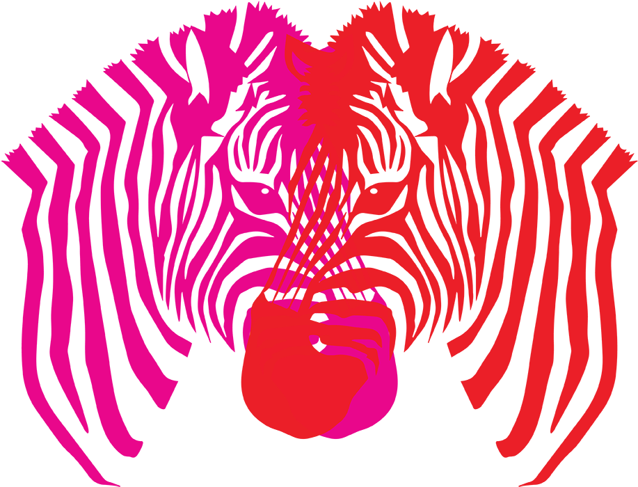 抽象斑馬藝術作品 壁紙 — 一個風格化的斑馬頭，在黑色背景上帶有醒目的粉紅色和紅色條紋。