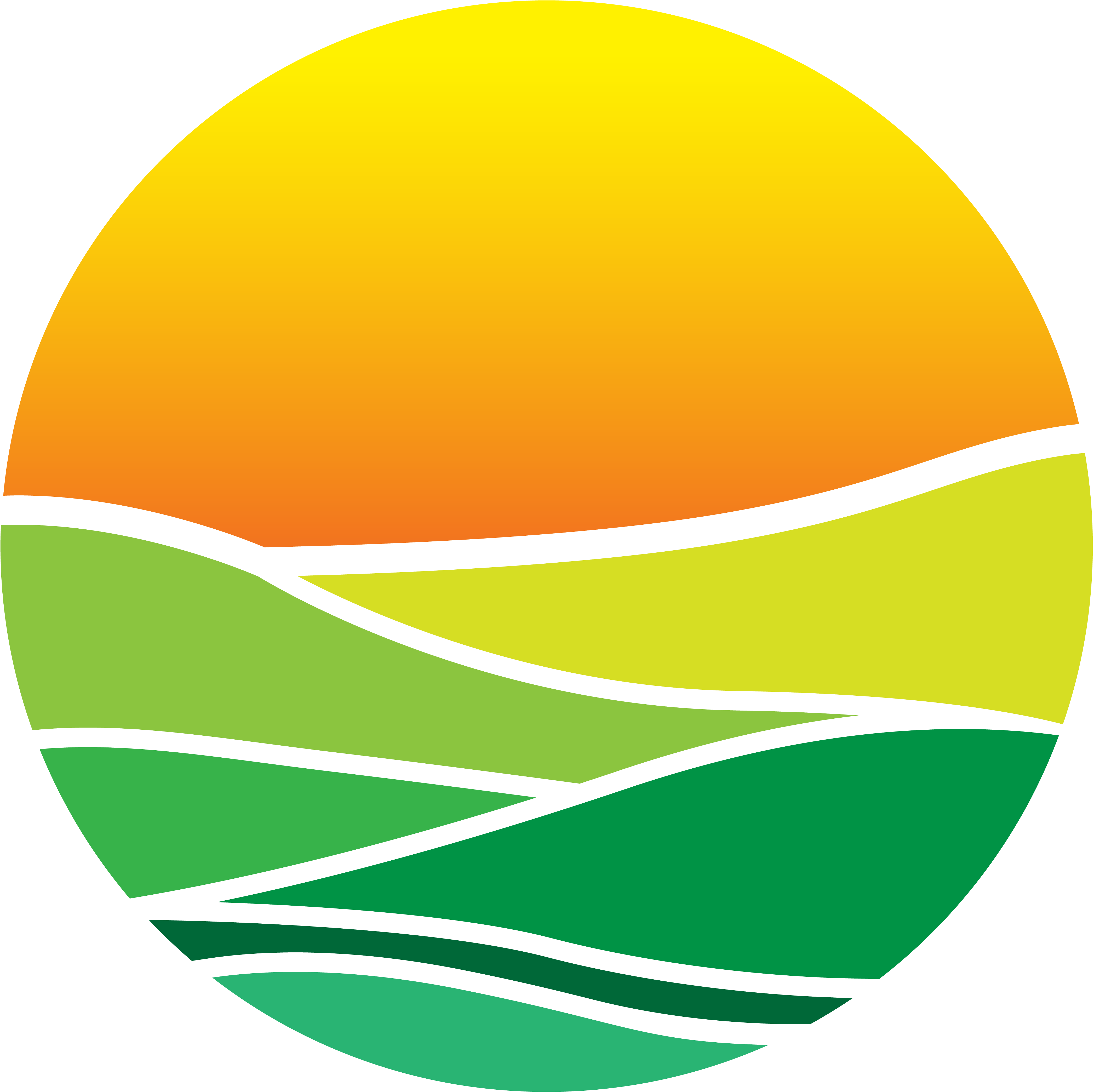 抽象日落綠野風景 壁紙 — 一個風格化的圓形日落，以粗黑線條分隔鮮豔的黃橙色天空與層疊的綠色起伏山丘。
