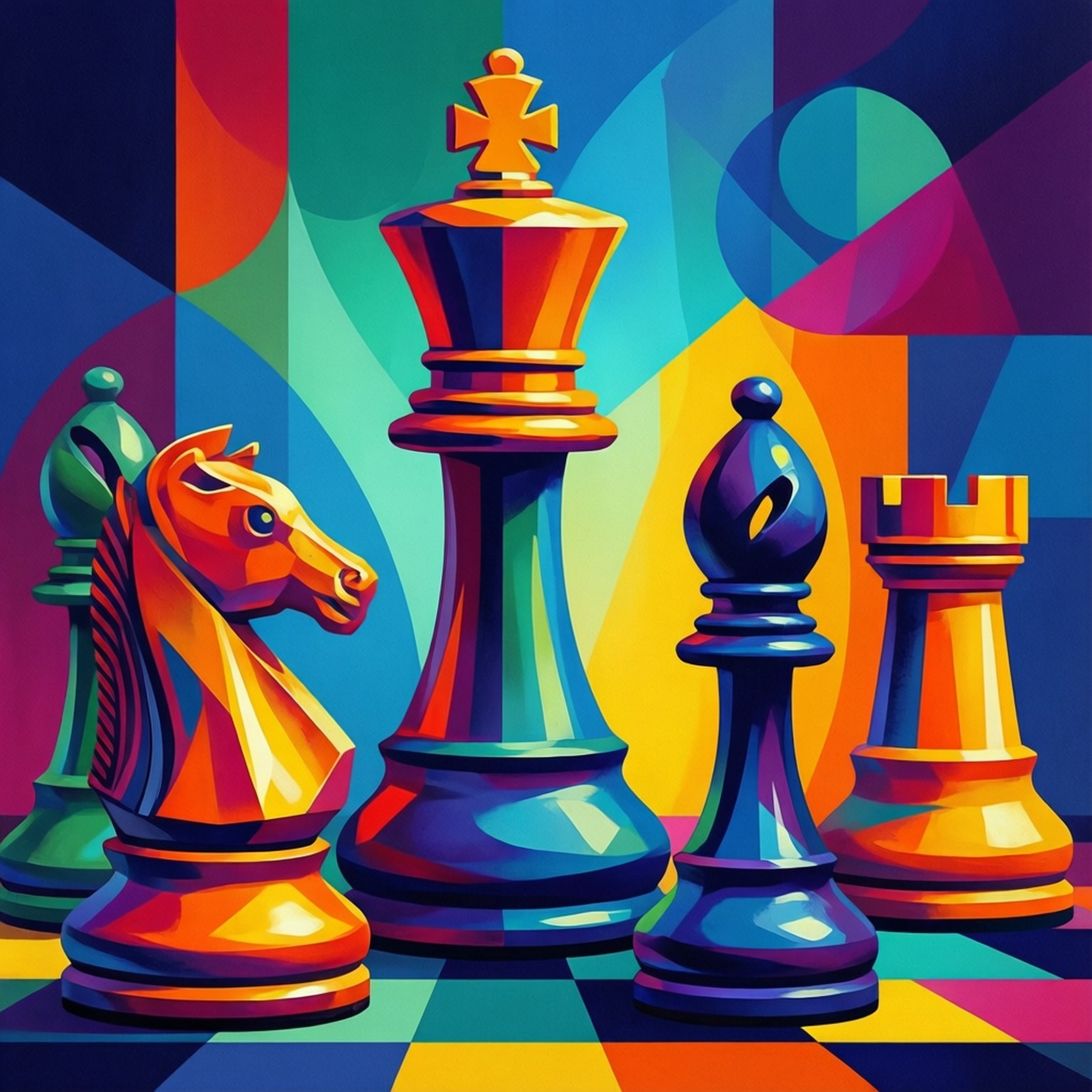 抽象棋局 壁紙 — 色彩鮮豔的幾何圖案國際象棋棋子以大膽的彩虹色立在棋盤上，背景是萬花筒般的抽象圖案。