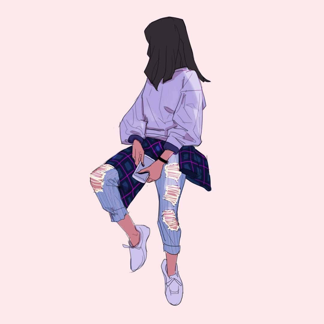 抽象水墨審美畫作 壁紙 — 一個風格化的動漫女孩，黑色頭髮，穿著破洞牛仔褲和紫色襯衫，盤腿坐在柔和的粉紅色背景前。