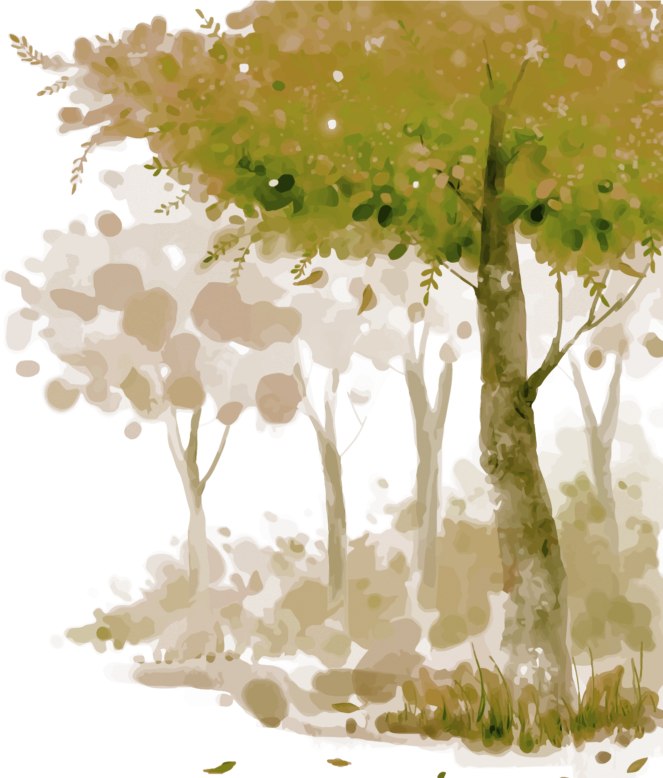 抽象水彩森林背景 壁紙 — 一棵風格化的水彩樹，帶有綠色樹葉和米色潑濺，矗立在帶有銀色圖案剪影的黑色背景上。