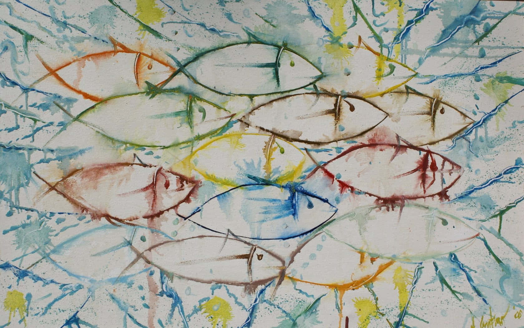 Fine Arts 桌布 壁紙 — 抽象水彩畫，描繪風格化的魚在鮮豔的藍色、綠色和黃色飛濺中游動。