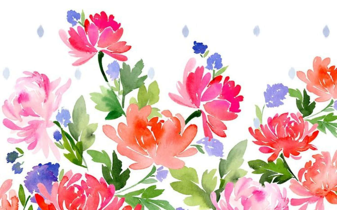 抽象水彩花卉背景 壁紙 — 粉紅、橙、藍色的鮮豔水彩花朵在潔白背景上綻放，帶有柔和葉片點綴。