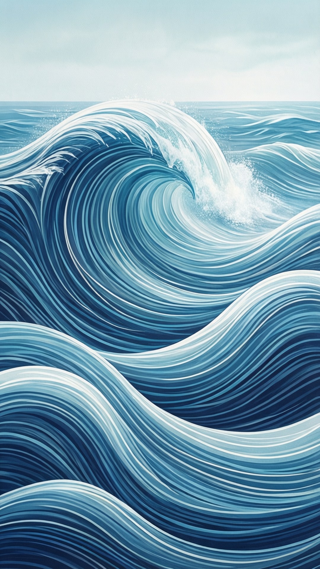 抽象波浪圖案 壁紙 — 在蒼白天空下，以旋轉的藍色和白色線條繪製的強大海洋波浪的動態數位插圖。