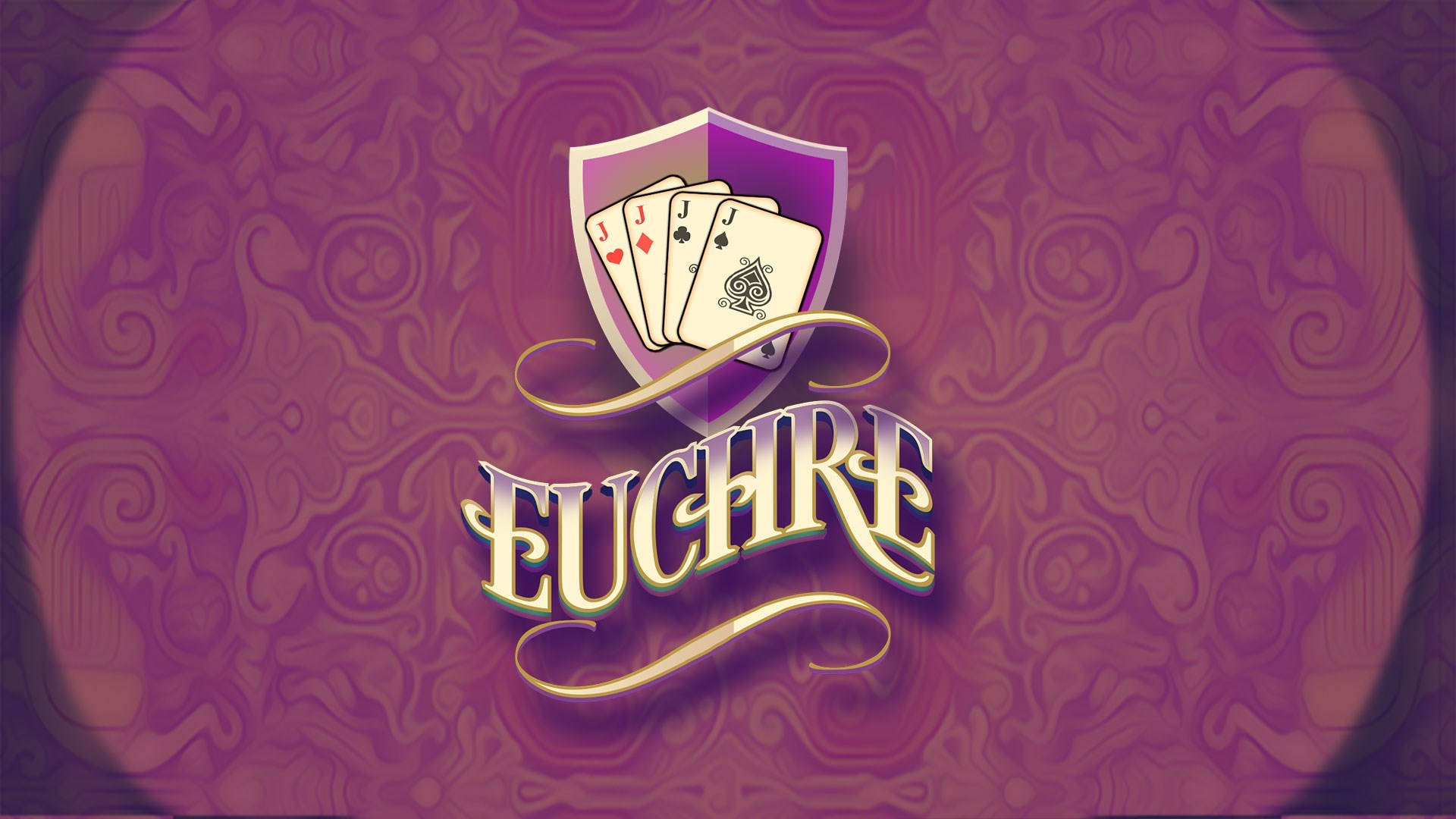 Euchre 紙牌遊戲標誌，盾牌內有四個傑克，背景為紫色旋轉圖案。