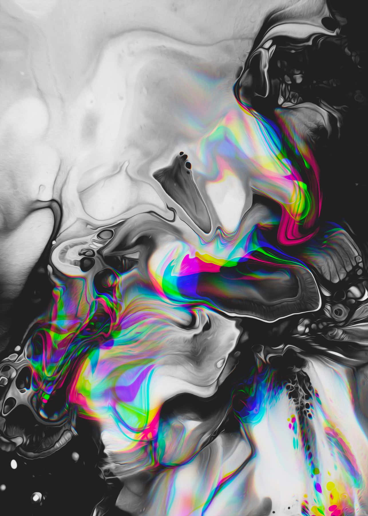 Trippy Art 桌布 壁紙 — 抽象流體藝術，帶有旋轉的黑色、白色和充滿活力的彩虹色虹彩條紋，營造出超現實的光澤效果。
