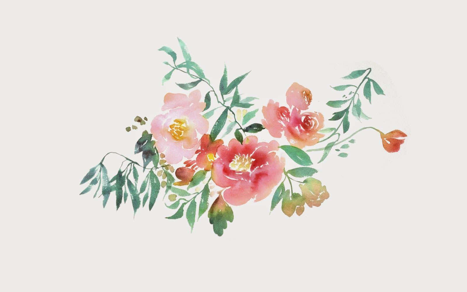 抽象混合媒材水彩畫 壁紙 — 一個精緻的水彩花束，包含粉紅色和珊瑚色的花朵，搭配綠色葉子，置於柔和的米色背景上。