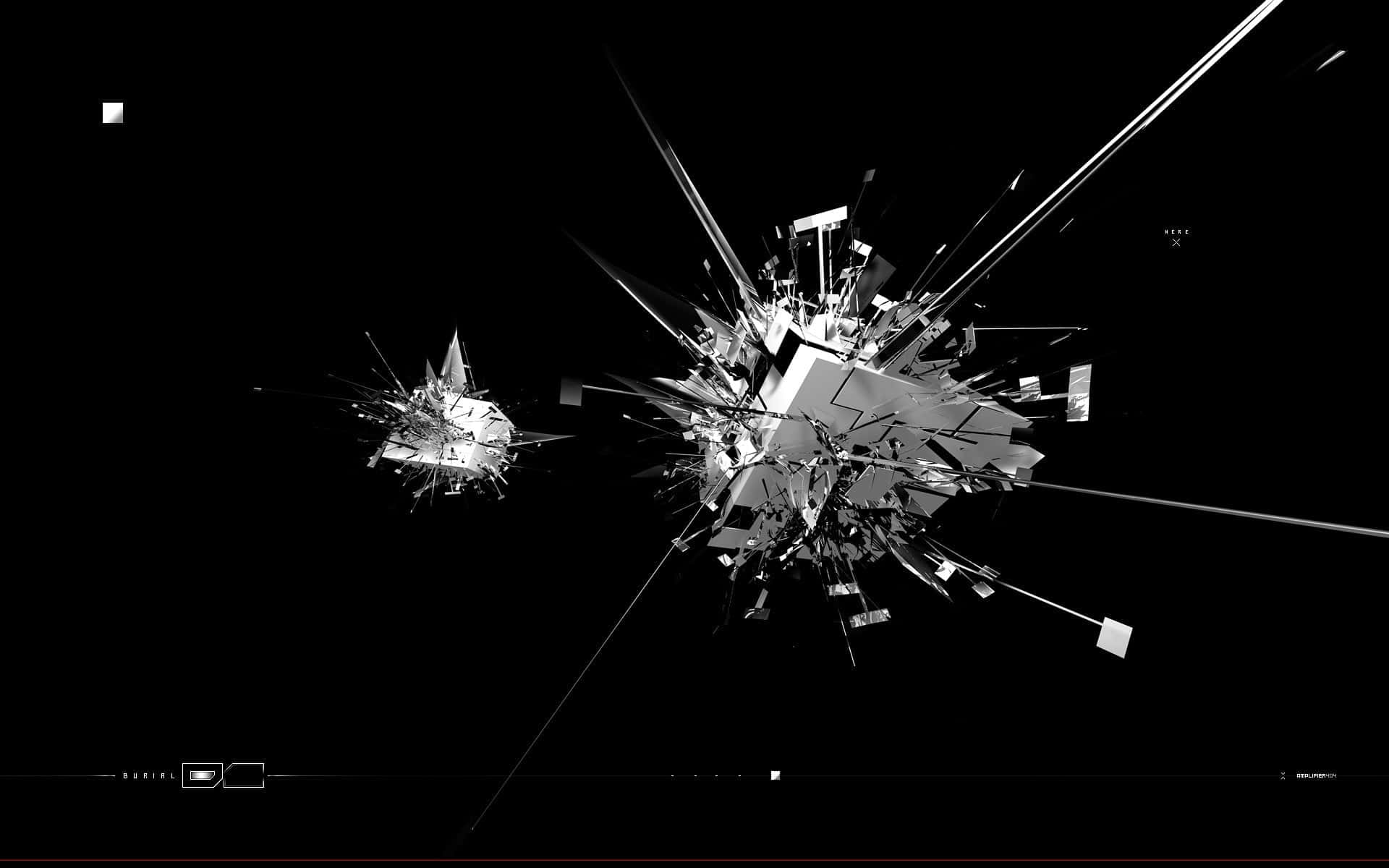 抽象玻璃爆裂圖 壁紙 — 高對比度的數碼爆炸，由破碎的幾何形狀組成，在純黑虛空中向外輻射。