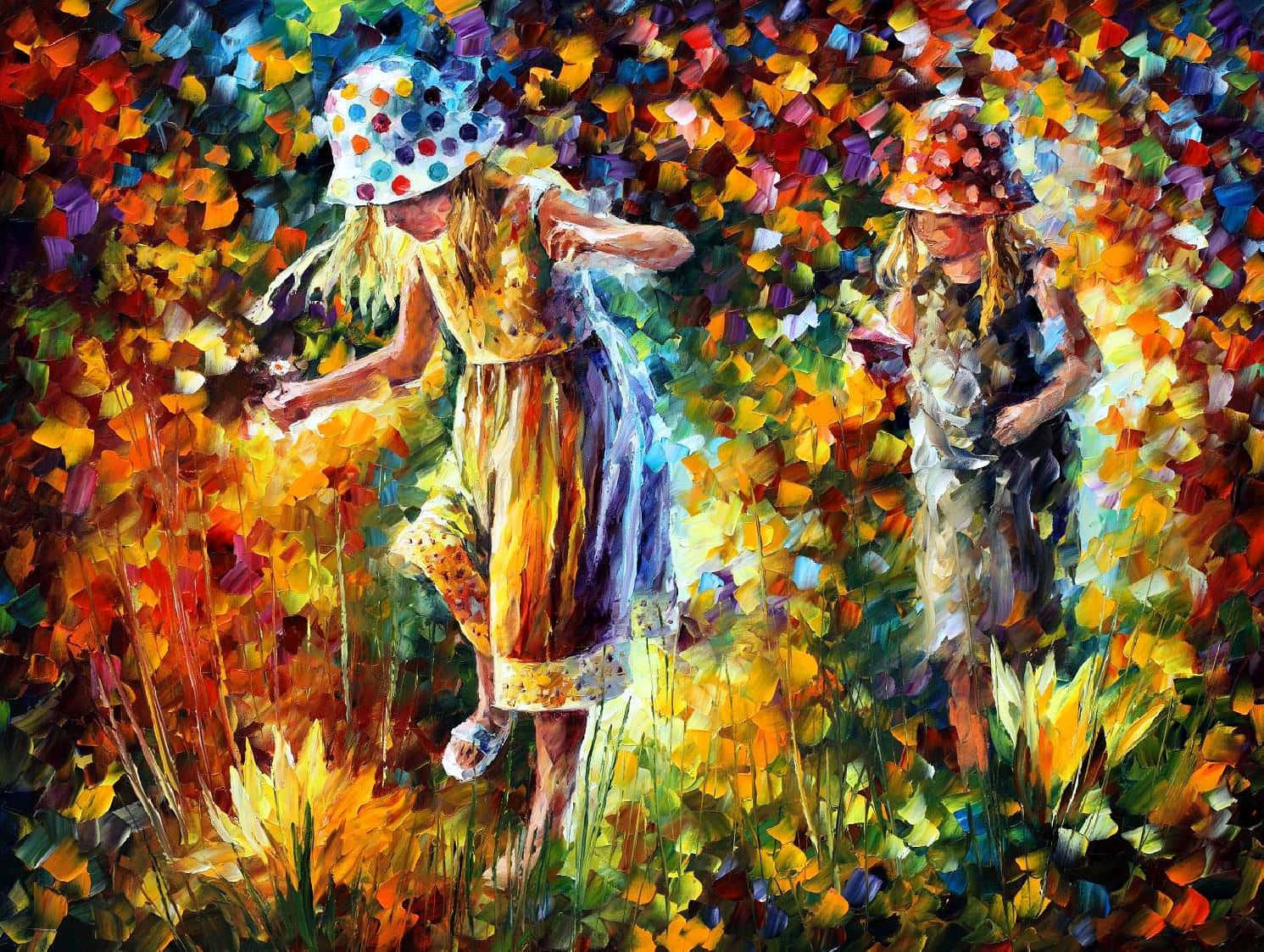 抽象畫作的微距特寫 壁紙 — 兩個戴著波點帽的孩子在萬花筒般的天空下，歡快地穿過一片充滿活力、質感豐富的金色野花田。