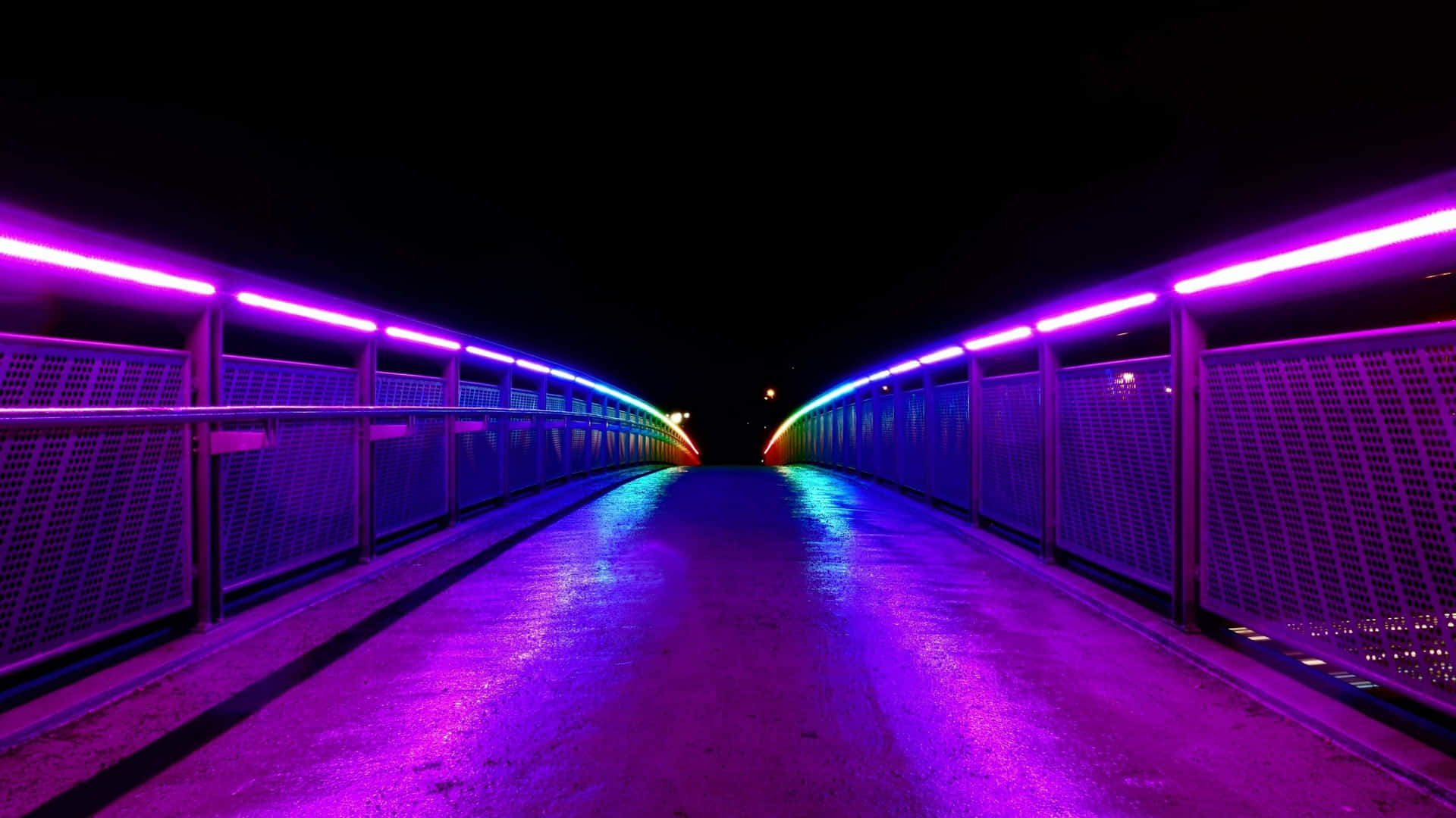 夜晚中霓虹照亮的行人橋，潮濕路面上有紫色和藍色燈光。