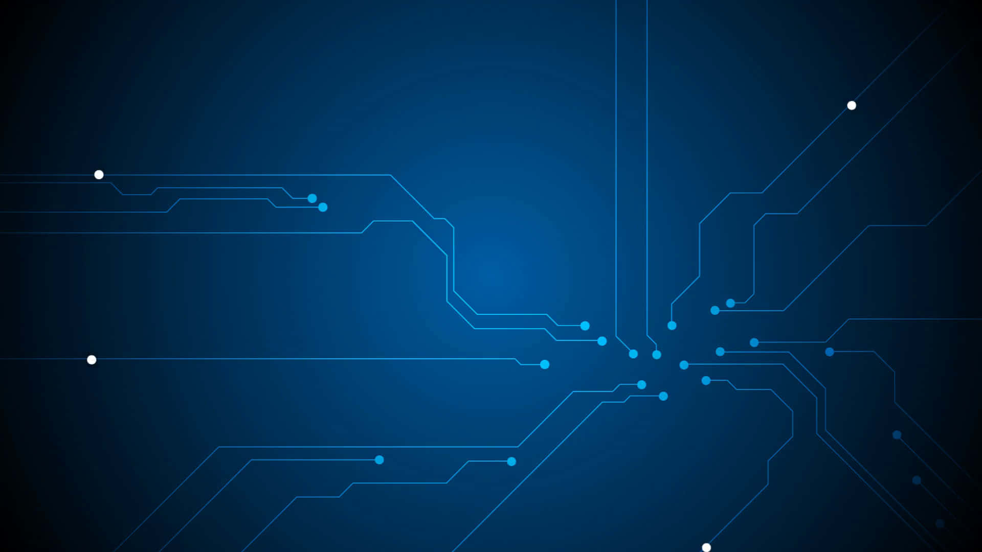 Interactive 桌布 壁紙 — 抽象的藍色電路板圖案，帶有從中心向四周輻射的發光線條和點，背景為深色漸變。