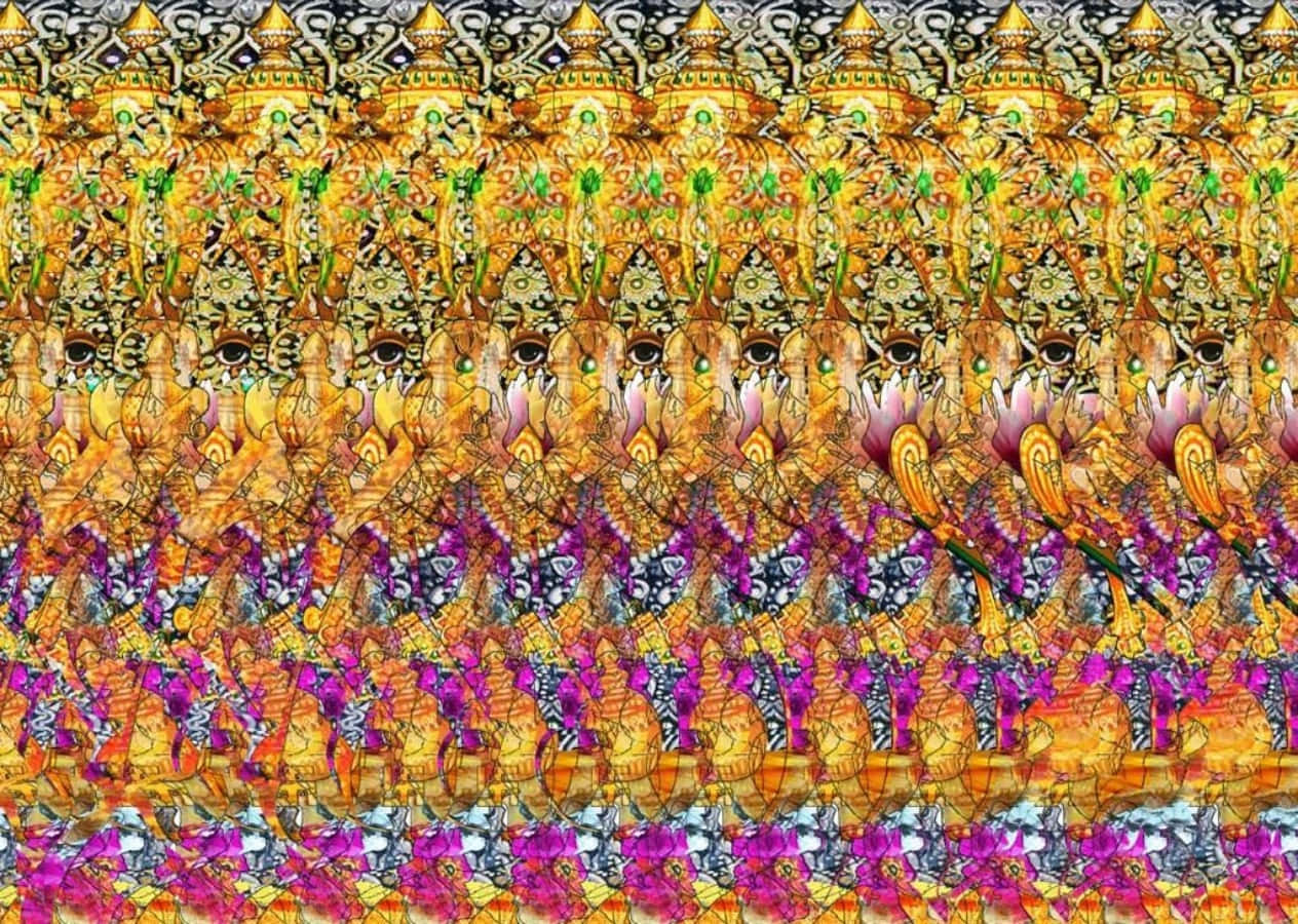 對稱的分形藝術品，帶有金色面具和紫色花朵，以重複圖案呈現。